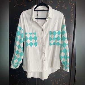 White and Turquoise Check Denim Top Jacket. Sm. Runs big